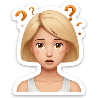 Confused woman with tilted head and question marks circling around her sticker
