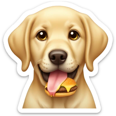 Cute golden Labrador puppy with a big burger sticker