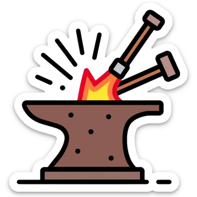 Blacksmithing icon, forged metal piece being shaped with hammer and anvil, glowing red-hot metal, blacksmith tools like tongs and chisel, sparks flying, minimalistic style, clean lines sticker
