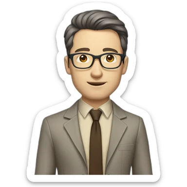 Full height Gesticulating Pale skinned fit man with dark brown hair in gray jacket, beige office shirt, brown tie, brown pants and vintage glasses. sticker