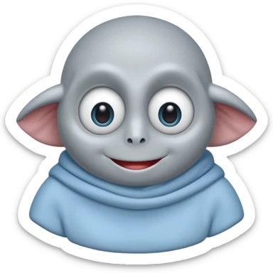 No head..it has 1 eye....stands upright ...wears clothing. is light grey and light blue..looks happy and cuddly... doesnt have a full head.... there is a appendage coming out of top of body with a single large eye sticker