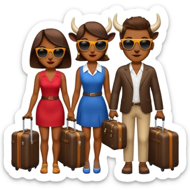 generate an emoji of a group of up to 8 male and female bulls travelling together on holidays. Include sunglasses and suitcases sticker