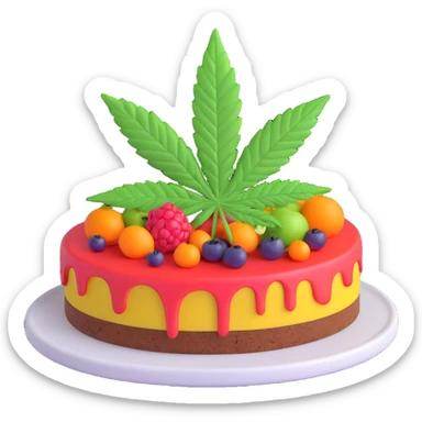 colorful frosted fruit cake with cannabis leaf on a plate sticker