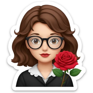 Una ragazza con capelli castani mossi e indossi occhiali neri e con una piccola rosa in testa sticker