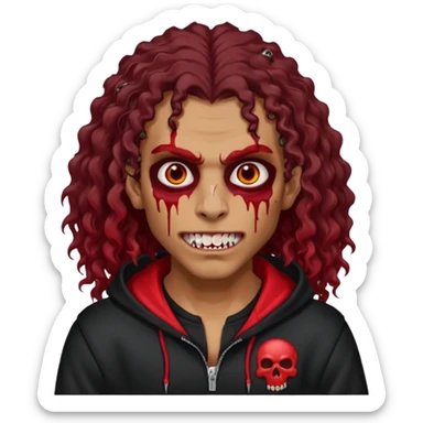 Vampire wearing black hoodie with a skull logo on it, long curly hair, brown skin, fanged teeth, blood under eye sockets/forehead, piercings on eyebrows and long curly hair with a patch (section) of red sticker