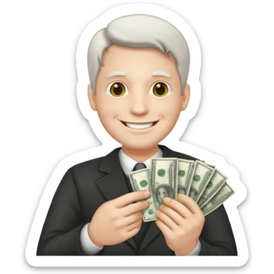 Make an emoji of a photorealistic adult man holding money in his hands. He has a smile on his face. He looks like an adult. the skin should be white. 4 options sticker