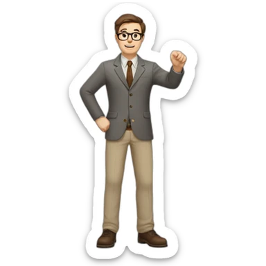 To belt Actively gesturing with hands Pale skinned fit man teacher with dark brown hair in gray jacket, beige office shirt, brown tie, brown pants and vintage glasses. sticker