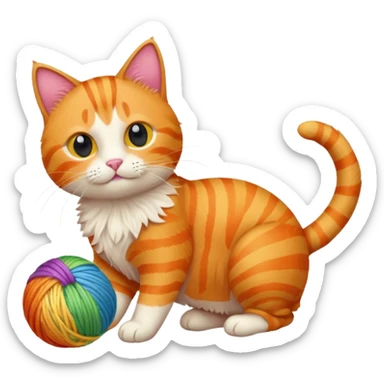 An orange kitty playing with a rainbow ball of yarn sticker