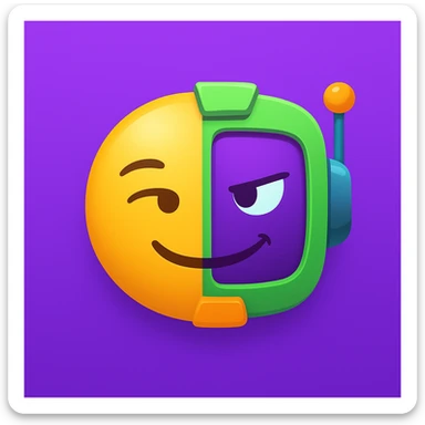 Make a sarcastic half-emoji, half-robot face, using the reference's purple, green, and orange colors. Show a sly, knowing smile or side-eye, blending emoji and robot features. sticker