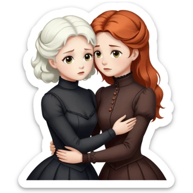 Two Victorian women with light eyes, one with bright pure white coiffed hair and one with dark copper coiffed hair, wearing Victorian turtleneck dresses, embracing each other in a sad, intimate hug sticker