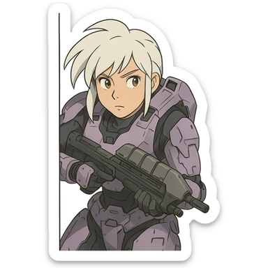 female, wearing reach spartan armor shoulder-unequip, long white braid hair with massive messy front side single bangs, gold yellow eyes, attention pose, HALO:series, no helmet, the armor is lavender color scheme, shoulder pad off. DDD bust size fitting. , peeking around a corner while aiming a classic HALO1 AR, tactical, lean sticker