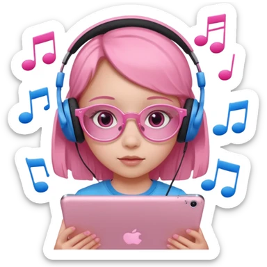 Little girl with headphones when pink eyes and pink iPad and pink dreamy background and rose colored glasses and blue music notes around her sticker