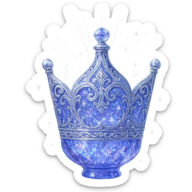 ultra luxurious crystal elixir bottle, elegant and clearly crown-shaped (not a flask), color #7986cb, multi-layered holographic and silver filigree, intricate crystal texture, magical glowing and sparkling effects, radiant light beams, very small neck, seamless and beautifully rounded closed bottom, transparent background, bottle clearly floating in air, no base or shadow, not standing, modern, collection style, extremely beautiful and refined sticker