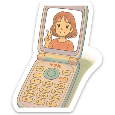 ghibli style Y2K folder phone, soft colors, whimsical, open with selfie sticker