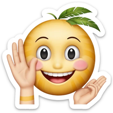 smiley face with rolled eyes, looking up, mouth in a stripe, manicured palm in the foreground sticker