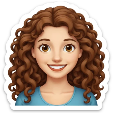 caucasian woman with long curly brown hair, smiling sticker