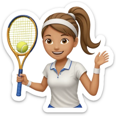 a woman with a ponytail swinging a tennis racket, mid-action, smiling sticker