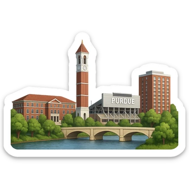 Make the buildings in the West Lafayette, Indiana emoji more realistic with lifelike architectural detail and accurate proportions. Keep the straight-on angle and wide city view including the Purdue University campus, Purdue Bell Tower, Ross-Ade Stadium, and Wabash River. Use accurate colors and bright daytime lighting. The background should be fully transparent with no sky, no clouds, and no city name label. Maintain the style consistent with previous realistic city emojis. sticker