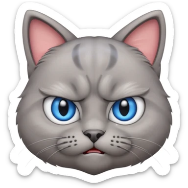 angry grey cat blue small eyes. iphone real emoji style sticker