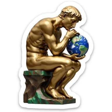 rodins sculpture the thinker but with a planet earth in its hand sticker