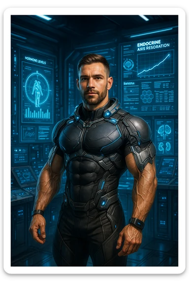"Un uomo bodybuilder (30-35 anni) in un laboratorio biohacker futurista, circondato da ologrammi che mostrano il ripristino vigoroso del suo asse endocrino dopo una PCT di successo. in italiano sticker