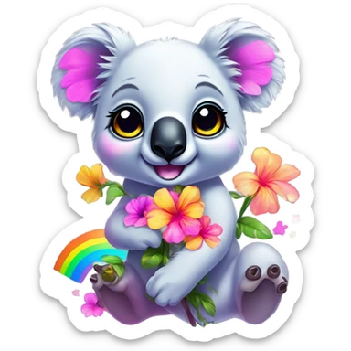 Lisa Frank koala bear with rainbow eyes with flowers sticker