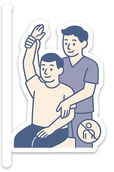 vertical illustration of a person doing passive arm stretching with a physiotherapist, with a symbol indicating not recommended for postural asymmetry, educational style, no background sticker