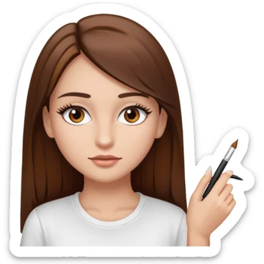 Chica de pelo liso ,largo clean look  y marrón con ojos color marrón  y una camiseta blanca y la piel blanca con pestañas y maquillada clean look  sticker