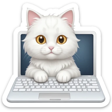 white cat on a bed, paws on a computer keyboard, cute and clear sticker