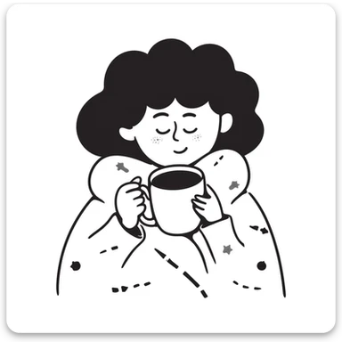 White girl with curly brunette hair snuggled in a blanket sipping coffee with eyes closed, feeling warm and content sticker