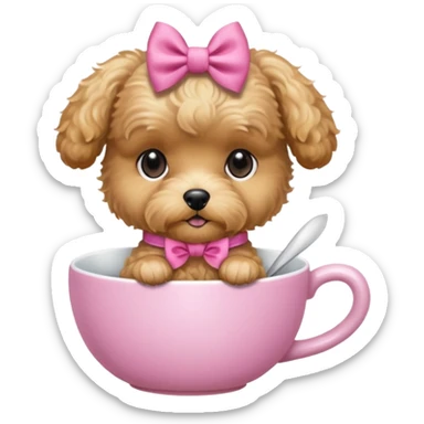 Golden maltipoo dog with pink bow k bow that is very poise make it have a cup of tea sticker