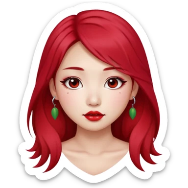 pretty girl asian, red cherry long hair,makeup grunge,Eyebrow and lip piercing sticker