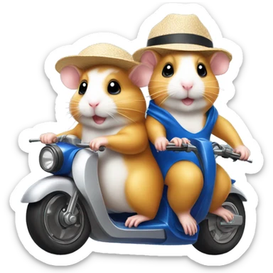 Two hamsters in swimwear and sun hat driving motorbike sticker