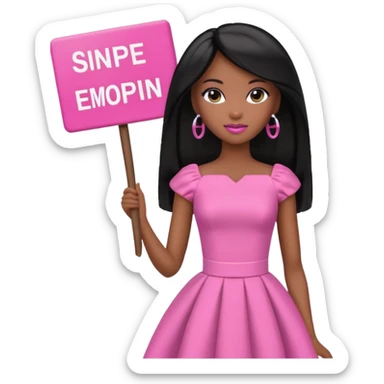 Black barbie, long black  hair, pink dress holding sign, that says snipe sticker