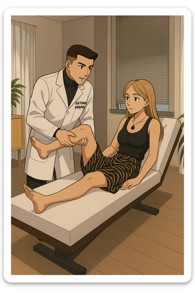 fai un webtoon/manga a colori con questo kinesiologo in camice bianco (fagli la scritta "ANTONIO ANANIA" SUL CAMICE) CHE SVOLGE UN TEST NEUROMUSCOLARE SOLLEVANDO UNA GAMBA ALLA RAGAZZA CHE è STESA SU UN LETTINO BIANCO. STANZA SEMPLICE E MODERNA, DURANTE IL TEST I DUE DIALOGANO TRA LORO. NON FARE I FUMETTI, FAI SOLO LORO COME SE DIALOGASSERO sticker