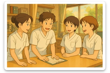 Group of four nursing students modeled after photos, discussing and collaborating at a care station, Ghibli style. White uniforms with V-neck medical tunics, short sleeves, left chest pocket, no classic collar, no stethoscopes, no clothing under sleeves. Warm light and team ambiance. sticker