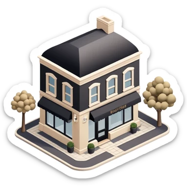 Isometric exterior little black, beige, and white clothing boutique, dollhouse style 3D realistic  sticker