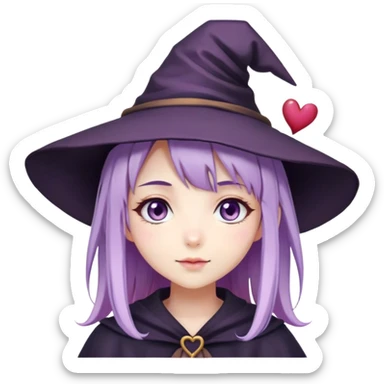 cute anime girl with lilac hair in a witch hat in love with hearts instead of eyes sticker