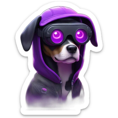 funny dog wearing a black hoodie with "OMG" letters on it and VR headset in a cyberpunk VR environment with violet neon lighting. sticker