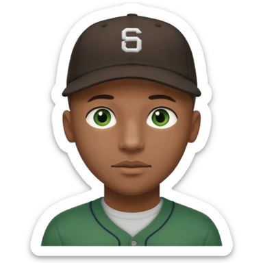 Black bald guy baseball cap only on the guy white girl brown hair green eyes sticker