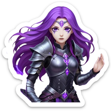 A mysterious warrior girl with long, flowing purple hair catching the dim light. Her glowing violet eyes stare forward, unwavering. She wears sleek black armor, adorned with silver runes that pulse faintly with hidden power. A dark mist swirls at her feet, hinting at the energy she commands. sticker
