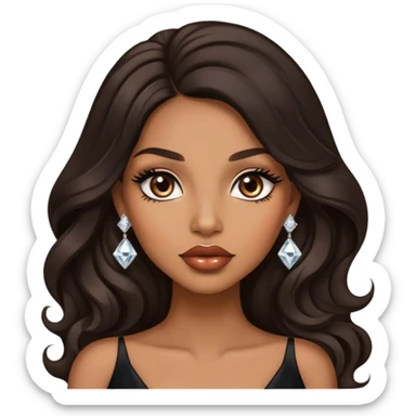 light brown skin tone, very beautiful woman, with big plump lips, long long lashes, black wavy long hair, brown eyes, black dress, diamond earrings sticker