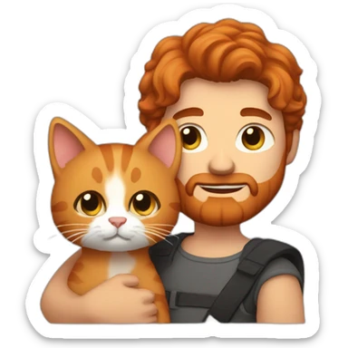 Michael with his red beard and dark brown hair holding his ginger cat in his arms sticker