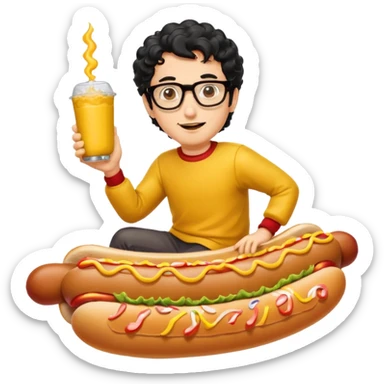 A curly hair man with glasses riding a hot dog weiner sticker