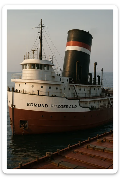 the Edmund Fitzgerald ship, close-up, showing deck and smokestack sticker