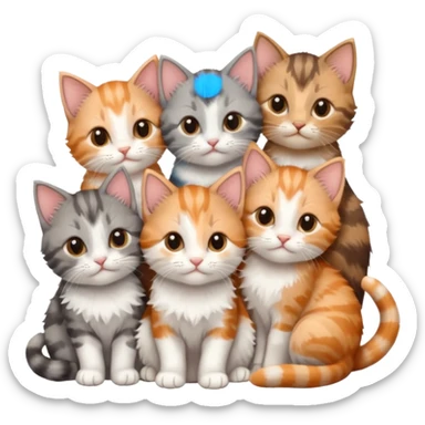6 tiny kittens cuddling together all various different natural colours including grey and white, ginger and white, calico, grey, and brown tabby and white sticker