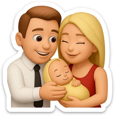 Edit the two emoji characters to hold a baby together, both smiling and looking at the baby with affection. Maintain a transparent background. The style should resemble the original emoji style but use the general editor for best editing support. sticker