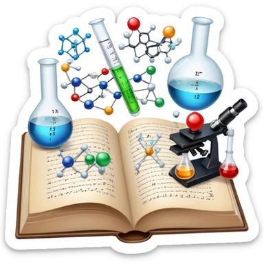 Icon for Scientific and Educational Reading: an open book with mathematical and physical formulas on the pages, with molecules and atoms flying out. On the desk are test tubes, flasks, and a microscope. Transparent background. sticker