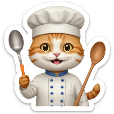 happy cat dressed as a chef holding a spoon joyful expression sticker