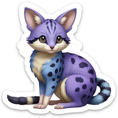 Indigo, violet-pointed, purple-patterned, soft realistic romantic vintage antique divine beautiful elegant pretty precious cute young youthful  Fakémon-Pokémon-opossum-feline-mouse-serval-caracal-chinchilla-Minccino-Cinccino-Meowstic-rodent-hybrid-creature with a tufted tail (full body) sticker